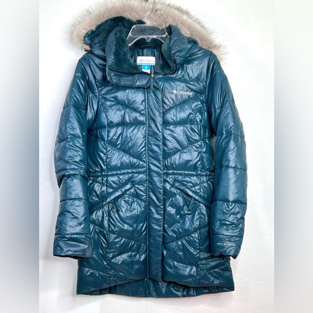 Columbia Omni Heat Womens Sz.Sm. Teal Puffer Coat Removable Faux Fur Lined Hood